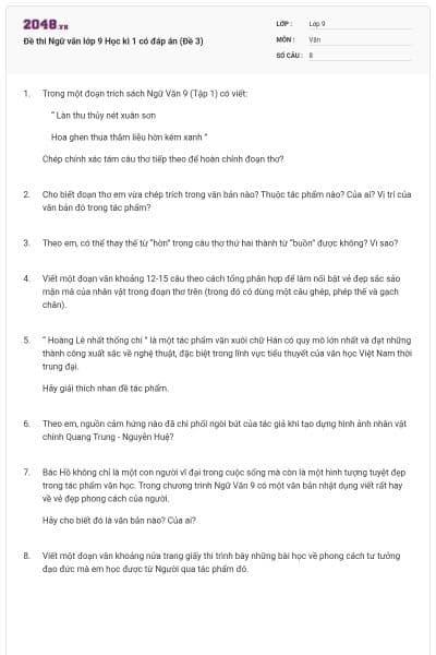 Đề thi Ngữ văn lớp 9 Học kì 1 có đáp án (Đề 3)