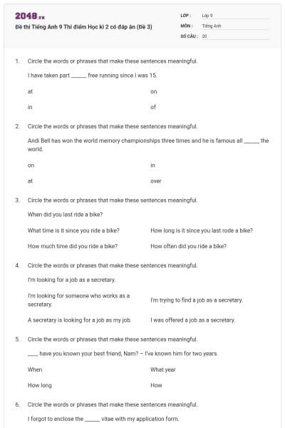 Đề thi Tiếng Anh 9 Thí điểm Học kì 2 có đáp án (Đề 3)