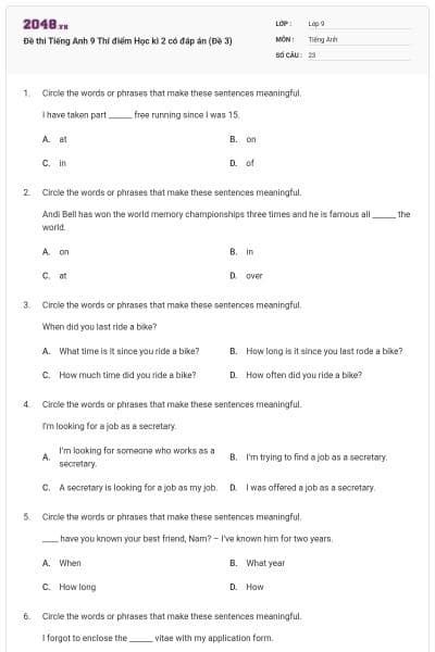 Đề thi Tiếng Anh 9 Thí điểm Học kì 2 có đáp án (Đề 3)