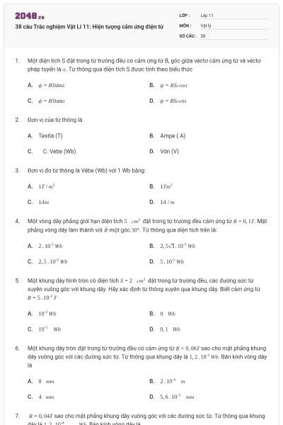 38 câu Trắc nghiệm Vật Lí 11: Hiện tượng cảm ứng điện từ