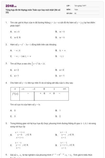 Tổng hợp đề thi thptqg môn Toán cực hay mới nhất (Đề số 20)