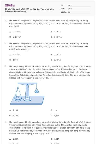 30 câu Trắc nghệm Vật lí 11 (có đáp án): Tương tác giữa hai dòng điện song song