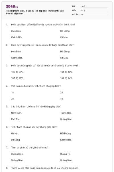 Trắc nghiệm Địa Lí 8 Bài 27 (có đáp án): Thực hành: Đọc bản đồ Việt Nam