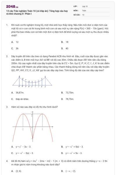 13 câu Trắc nghiệm Toán 10 (có đáp án): Tổng hợp câu hay và khó chương II- Phần I