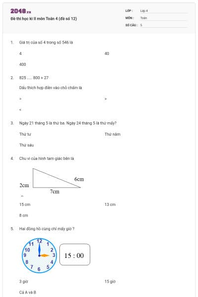 Đề thi học kì II môn Toán 4 (đề số 12)