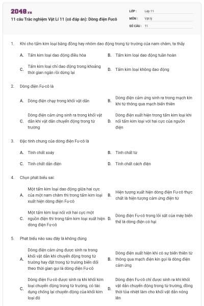 11 câu Trắc nghiệm Vật Lí 11 (có đáp án): Dòng điện Fucô