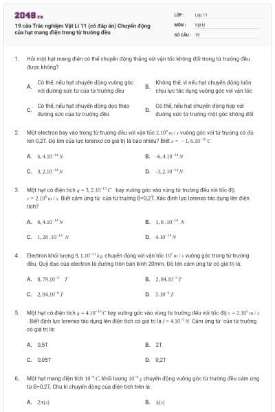 19 câu Trắc nghiệm Vật Lí 11 (có đáp án) Chuyển động của hạt mang điện trong từ trường đều