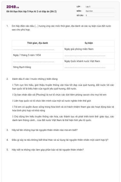 Đề thi Đạo Đức lớp 5 Học kì 2 có đáp án (Đề 2)