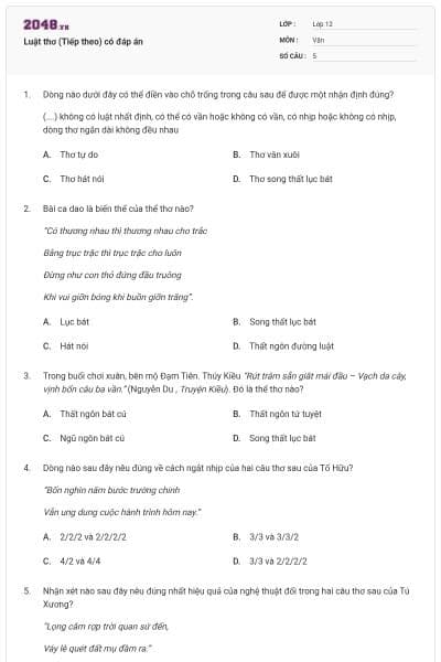 Luật thơ (Tiếp theo) có đáp án