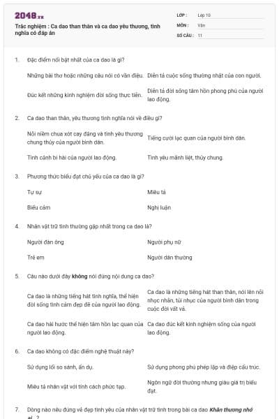 Trắc nghiệm : Ca dao than thân và ca dao yêu thương, tình nghĩa có đáp án