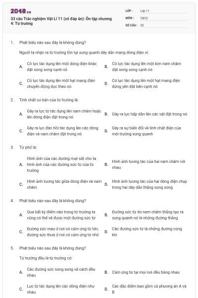 33 câu Trắc nghiệm Vật Lí 11 (có đáp án): Ôn tập chương 4: Từ trường