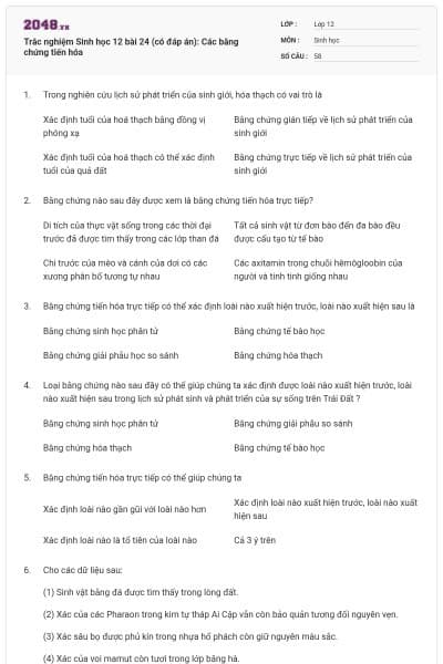 Trắc nghiệm Sinh học 12 bài 24 (có đáp án): Các bằng chứng tiến hóa