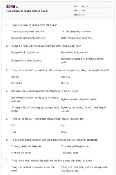 Trắc nghiệm: Ca dao hài hước có đáp án