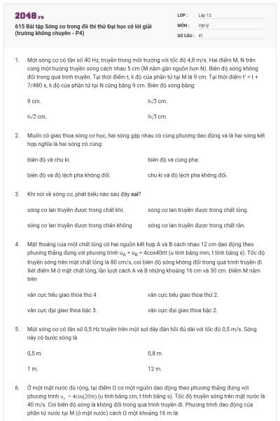 615 Bài tập Sóng cơ trong đề thi thử Đại học có lời giải (trường không chuyên - P4)