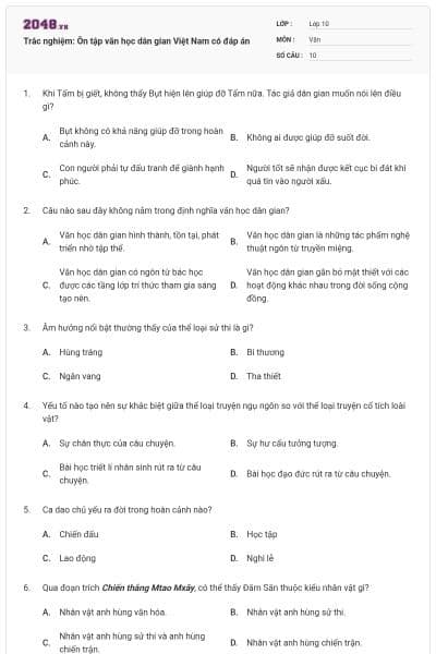 Trắc nghiệm: Ôn tập văn học dân gian Việt Nam có đáp án