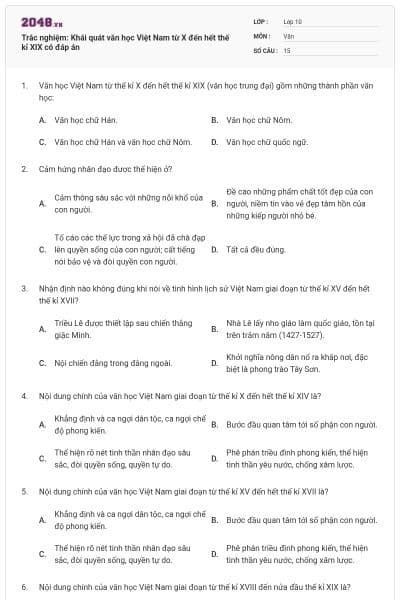 Trắc nghiệm: Khái quát văn học Việt Nam từ X đến hết thế kỉ XIX có đáp án