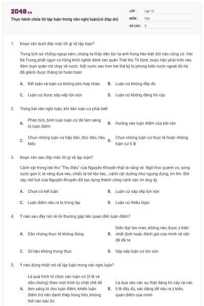 Thực hành chữa lỗi lập luận trong văn nghị luận(có đáp án)