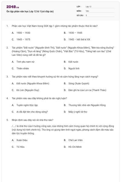 Ôn tập phần văn học Lớp 12 kì 1(có đáp án)