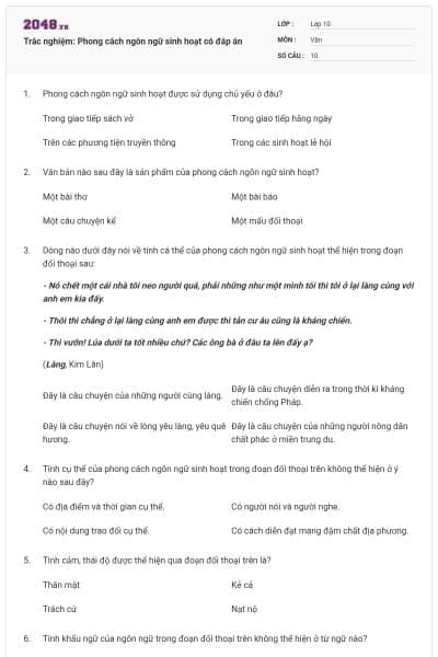 Trắc nghiệm: Phong cách ngôn ngữ sinh hoạt có đáp án