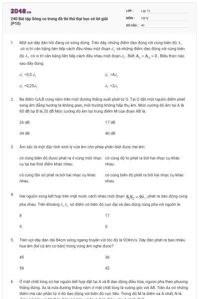 240 Bài tập Sóng cơ trong đề thi thử Đại học có lời giải (P10)