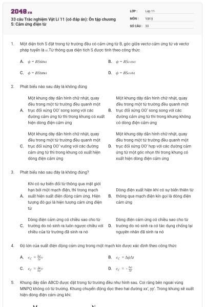 33 câu Trắc nghiệm Vật Lí 11 (có đáp án): Ôn tập chương 5: Cảm ứng điện từ