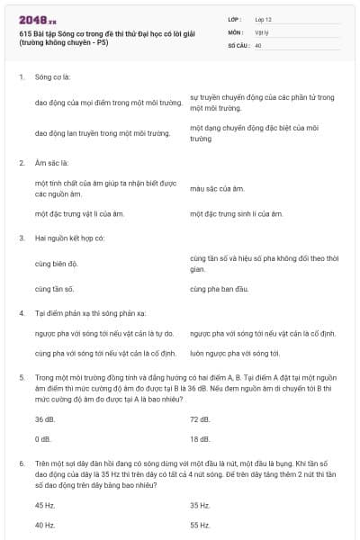615 Bài tập Sóng cơ trong đề thi thử Đại học có lời giải (trường không chuyên - P5)