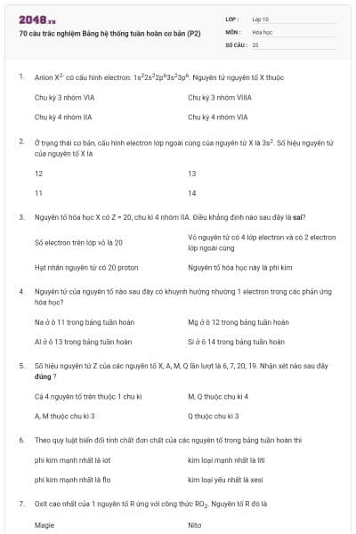 70 câu trắc nghiệm Bảng hệ thống tuần hoàn cơ bản (P2)