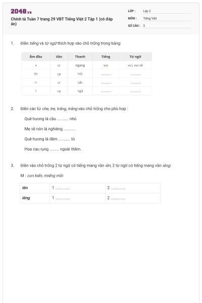 Chính tả Tuần 7 trang 29 VBT Tiếng Việt 2 Tập 1 (có đáp án)