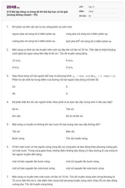 615 Bài tập Sóng cơ trong đề thi thử Đại học có lời giải (trường không chuyên - P6)