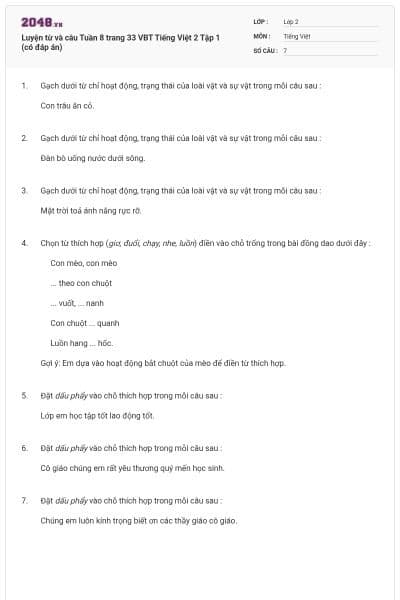 Luyện từ và câu Tuần 8 trang 33 VBT Tiếng Việt 2 Tập 1 (có đáp án)