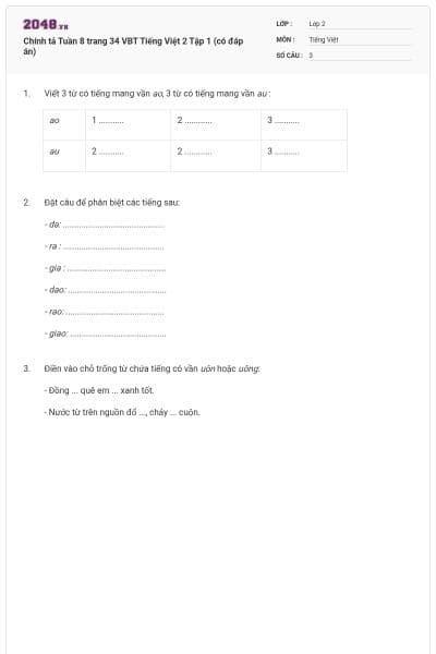 Chính tả Tuần 8 trang 34 VBT Tiếng Việt 2 Tập 1 (có đáp án)