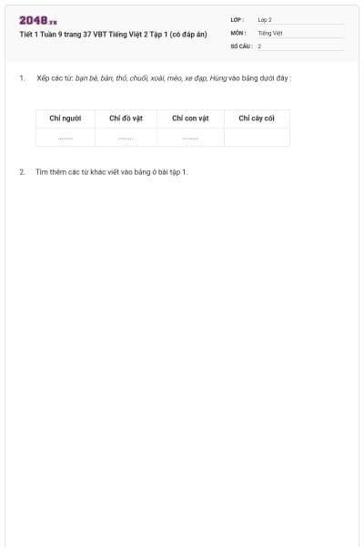 Tiết 1 Tuần 9 trang 37 VBT Tiếng Việt 2 Tập 1 (có đáp án)