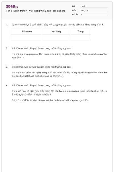 Tiết 6 Tuần 9 trang 41 VBT Tiếng Việt 2 Tập 1 (có đáp án)