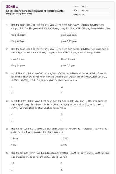 54 câu Trắc nghiệm Hóa 12 (có đáp án): Bài tập CO2 tác dụng với dung dịch kiềm