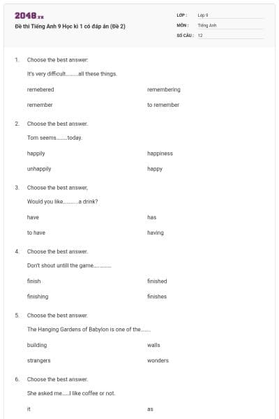 Đề thi Tiếng Anh 9 Học kì 1 có đáp án (Đề 2)