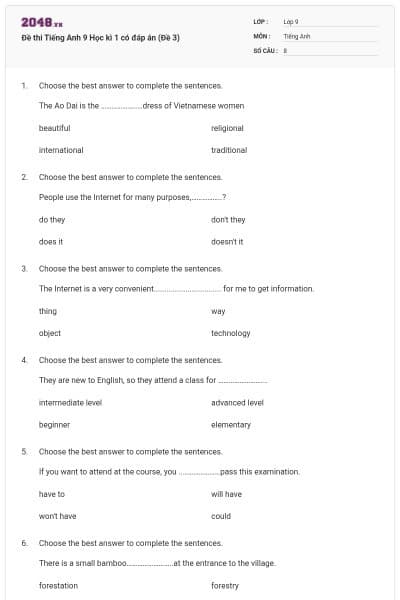 Đề thi Tiếng Anh 9 Học kì 1 có đáp án (Đề 3)