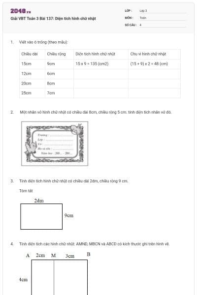 Giải VBT Toán 3 Bài 137: Diện tích hình chữ nhật