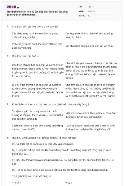 Trắc nghiệm Sinh hoc 12 (có đáp án): Trao đổi vật chất qua chu trình sinh địa hóa
