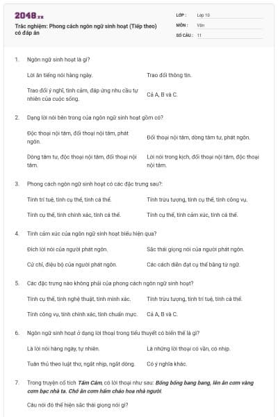 Trắc nghiệm: Phong cách ngôn ngữ sinh hoạt (Tiếp theo) có đáp án