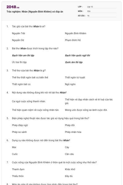 Trắc nghiệm: Nhàn (Nguyễn Bỉnh Khiêm) có đáp án
