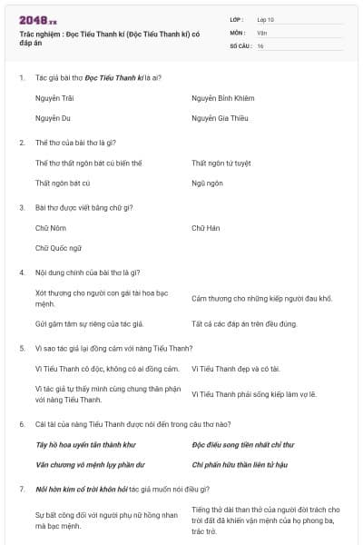 Trắc nghiệm : Đọc Tiểu Thanh kí (Độc Tiểu Thanh kí) có đáp án