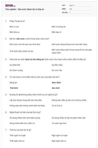 Trắc nghiệm : Vận nước (Quốc tộ) có đáp án