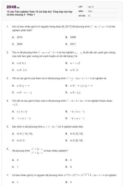 15 câu Trắc nghiệm Toán 10 (có đáp án): Tổng hợp câu hay và khó chương 3 - Phần 1