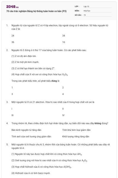 70 câu trắc nghiệm Bảng hệ thống tuần hoàn cơ bản (P3)