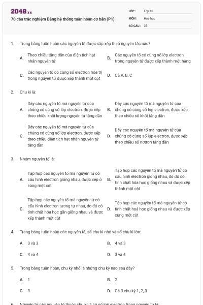 70 câu trắc nghiệm Bảng hệ thống tuần hoàn cơ bản (P1)