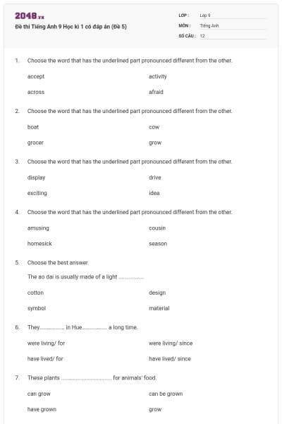 Đề thi Tiếng Anh 9 Học kì 1 có đáp án (Đề 5)