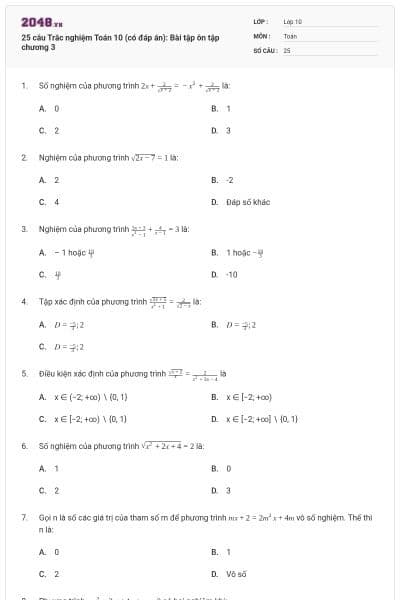 25 câu Trắc nghiệm Toán 10 (có đáp án): Bài tập ôn tập chương 3
