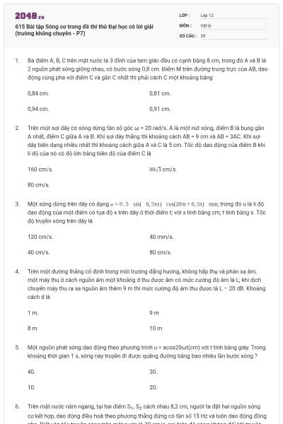 615 Bài tập Sóng cơ trong đề thi thử Đại học có lời giải (trường không chuyên - P7)