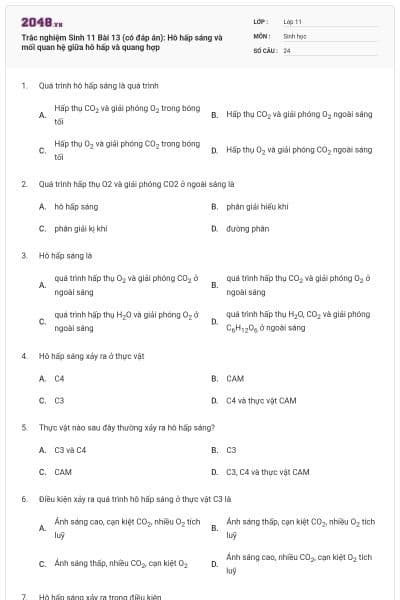 Trắc nghiệm Sinh 11 Bài 13 (có đáp án): Hô hấp sáng và mối quan hệ giữa hô hấp và quang hợp