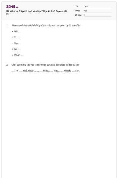 Đề kiểm tra 15 phút Ngữ Văn lớp 7 Học kì 1 có đáp án (Đề 2)